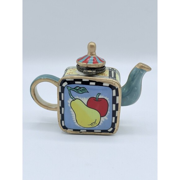 Vintage Miniature Teapot Trinket Box Hinged Lid Set Of 4 Flowers & Fruit - Picture 3 of 11